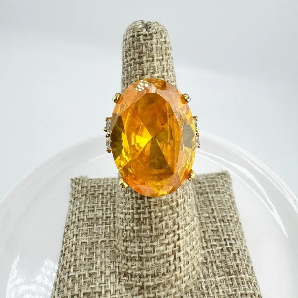 Oversized Citrine Tone Oval Statement Cocktail Ring Vintage Gold Tone Glamour - Picture 7 of 11
